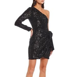 Gianni Bini Valerie Sequin One Shoulder long Sleeve Tie Side Mini Dress